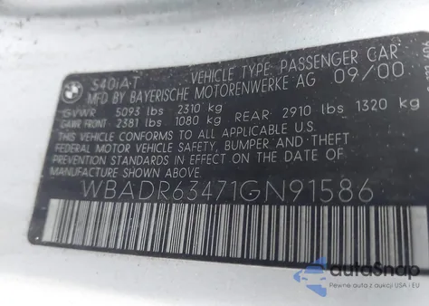 2001 BMW 540Ia Sport z USA, uszkodzony, nr VIN WBADR63471GN91586